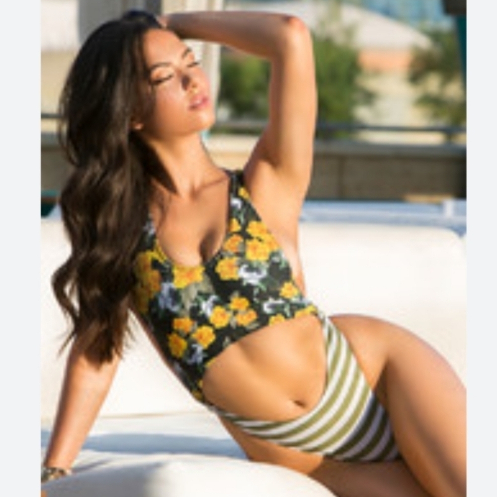 Yandy Collection Stripe Botton Floral Top One Piece  Swimsuit